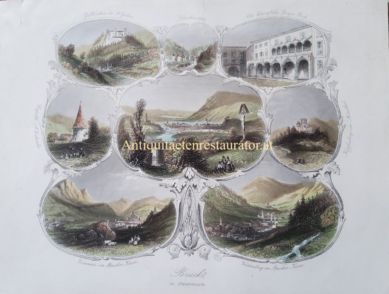 Steiermark, Bruckl (Bruck an der Mur) Souvenierblatt, Stahlstich