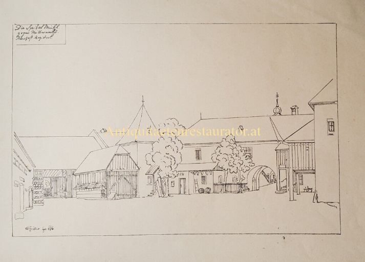 Baden, Die Spital-Mühl (Bürgerspital) Federlithographie von Emil Hütter