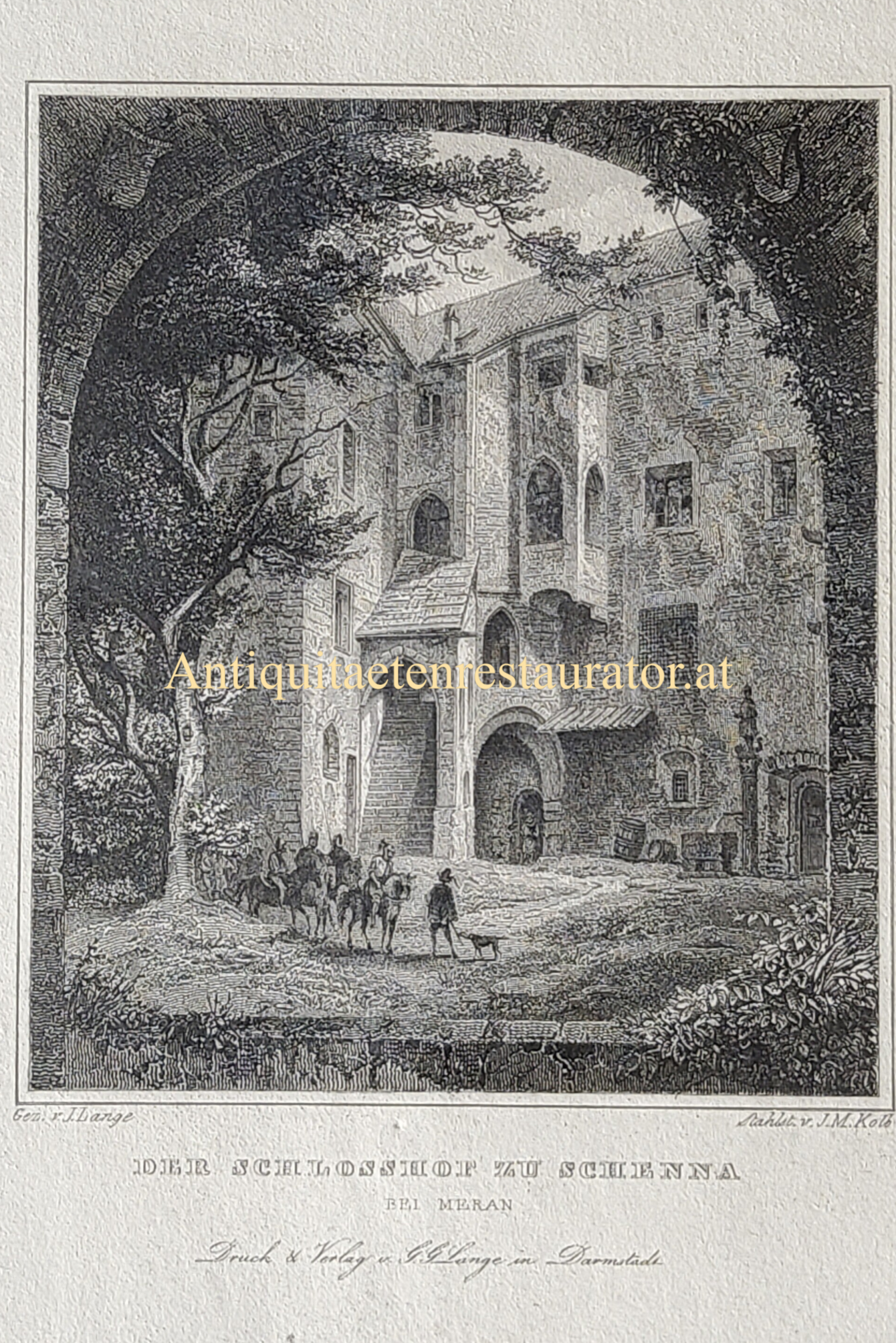 Italien, Schenna Der Schlosshof zu Schenna bei Meran. Stahlstich von Kolb