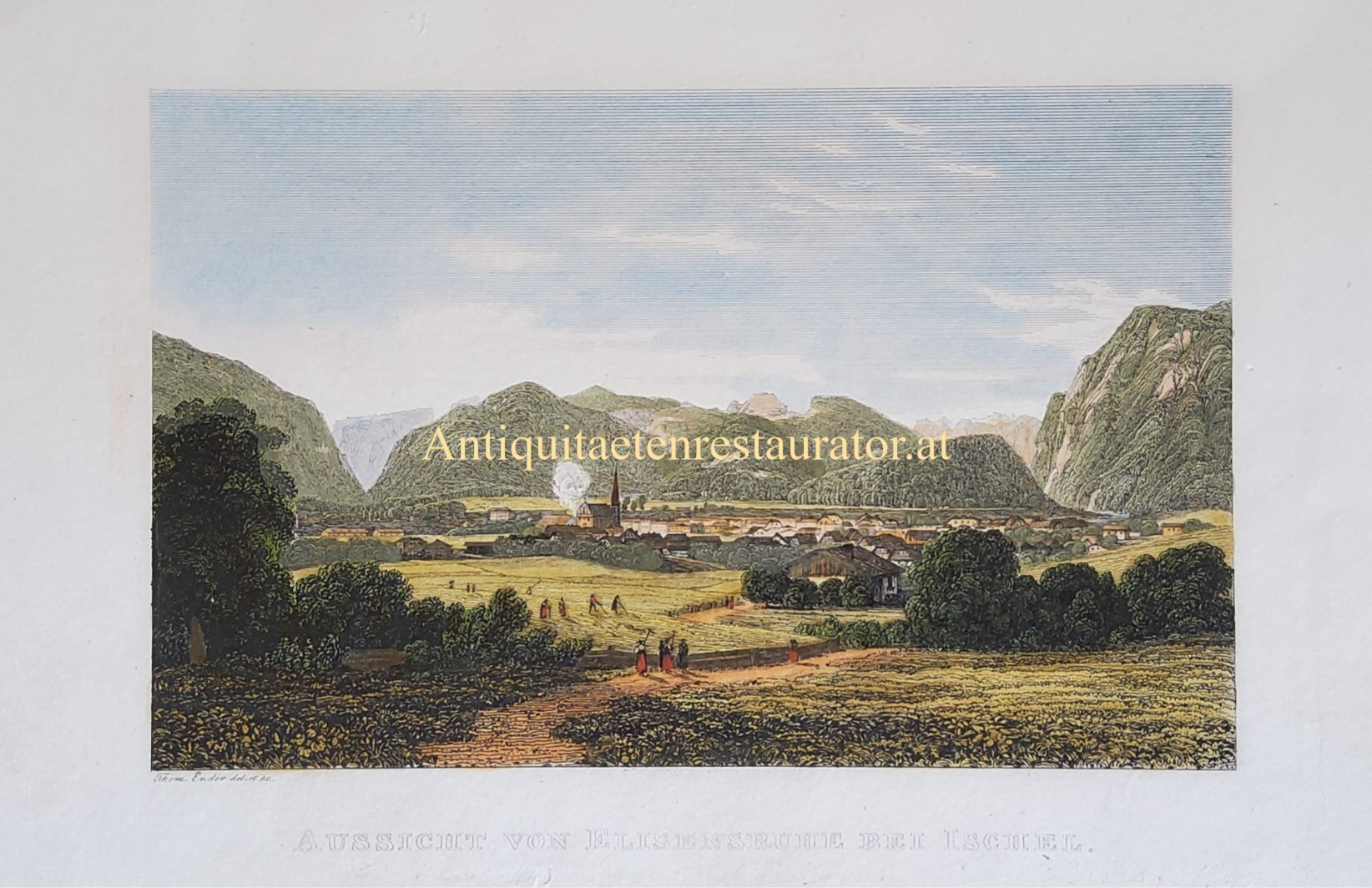 Bad Ischl, Aussicht von Elisensruhe bei Ischl, Farbradierung