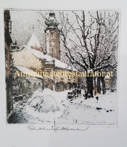 Wien, Grinzing. im Winter, Farbradierung von Robert Kasimir