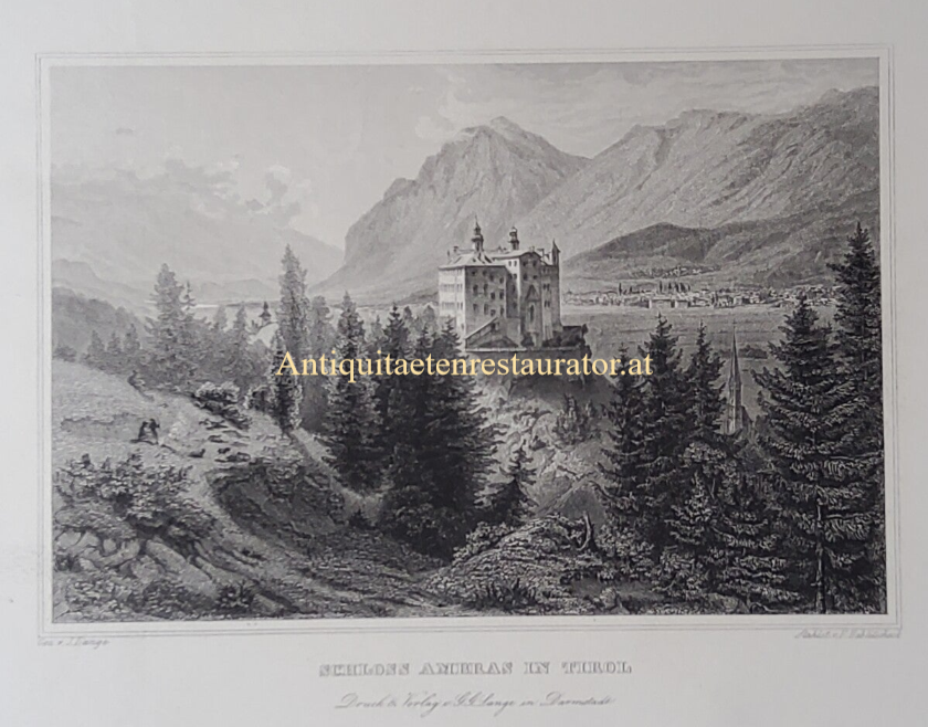 Schloss Ambras in Tirol, Stahlstich n.Lange von Hablitscheck