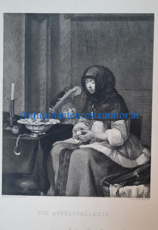Die Apfelschälerin, Radierung von Fraenkel