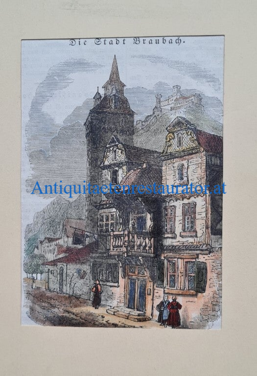 Braubach mit Blick zur Marksburg., Holzstich