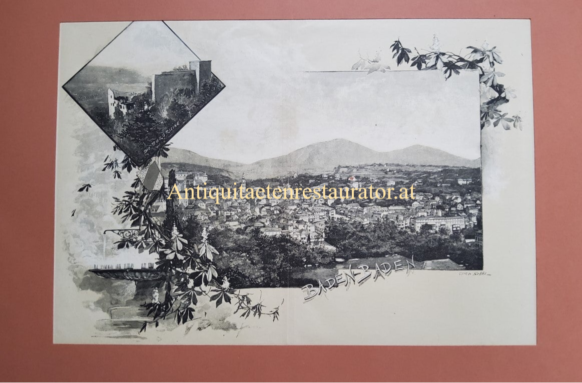 Baden-Baden, Ansicht der Stadt und Burgruine, Holzstich