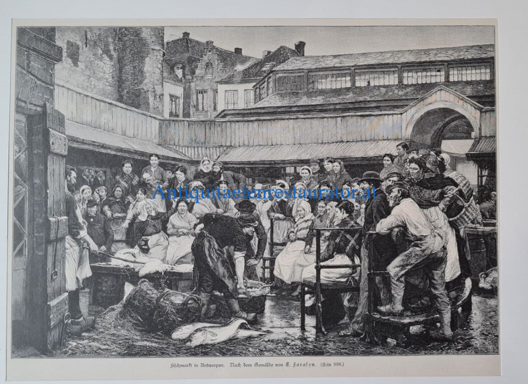 Belgien, Antwerpen Fischmarkt Xylographie