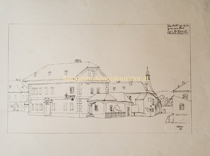 Baden, Städtisches Wirtshaus zum Bock, Federlithographie von Emil Hütter