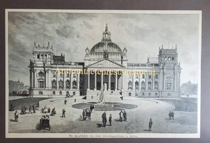 Die Hauptfassade des neuen Reichstagsgebäudes in Berlin/Die Germania
