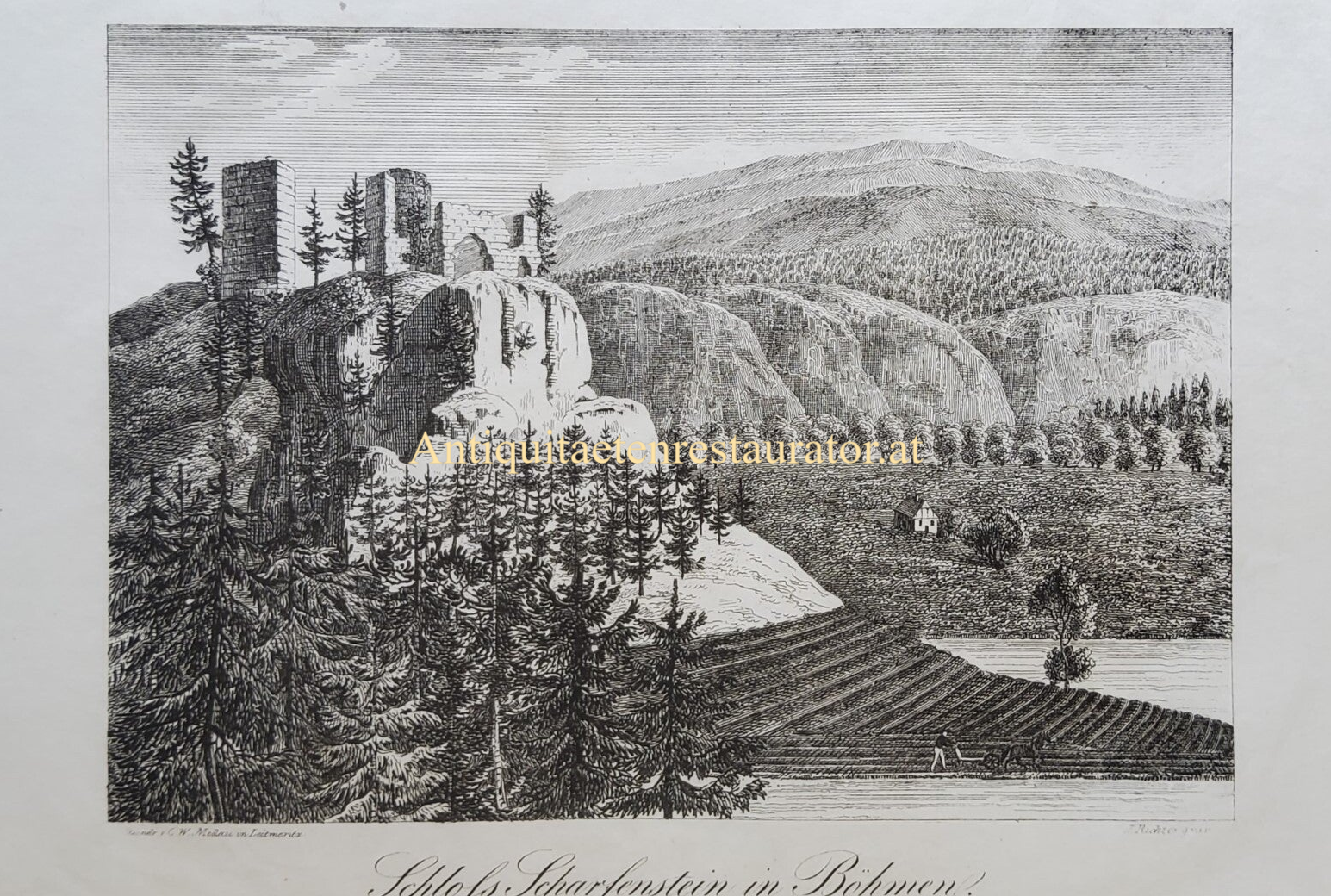 Tschechien, Schloss Scharfenstein in Böhmen Lithographie