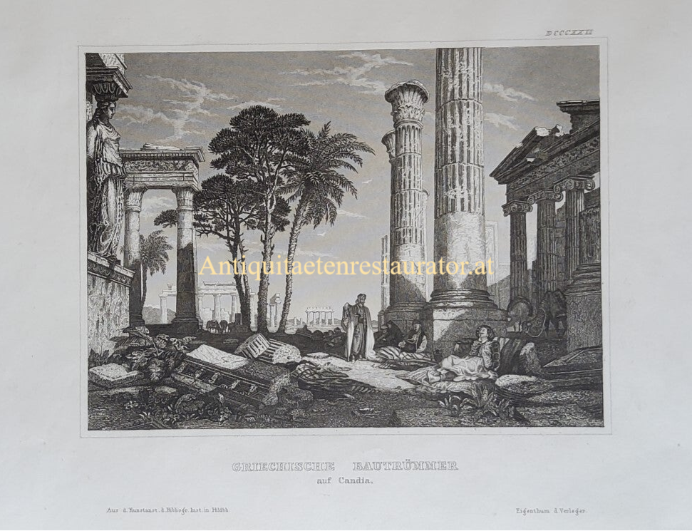 Griechenland, Kreta Griechische Bautrümmer auf Candia Stahlstich