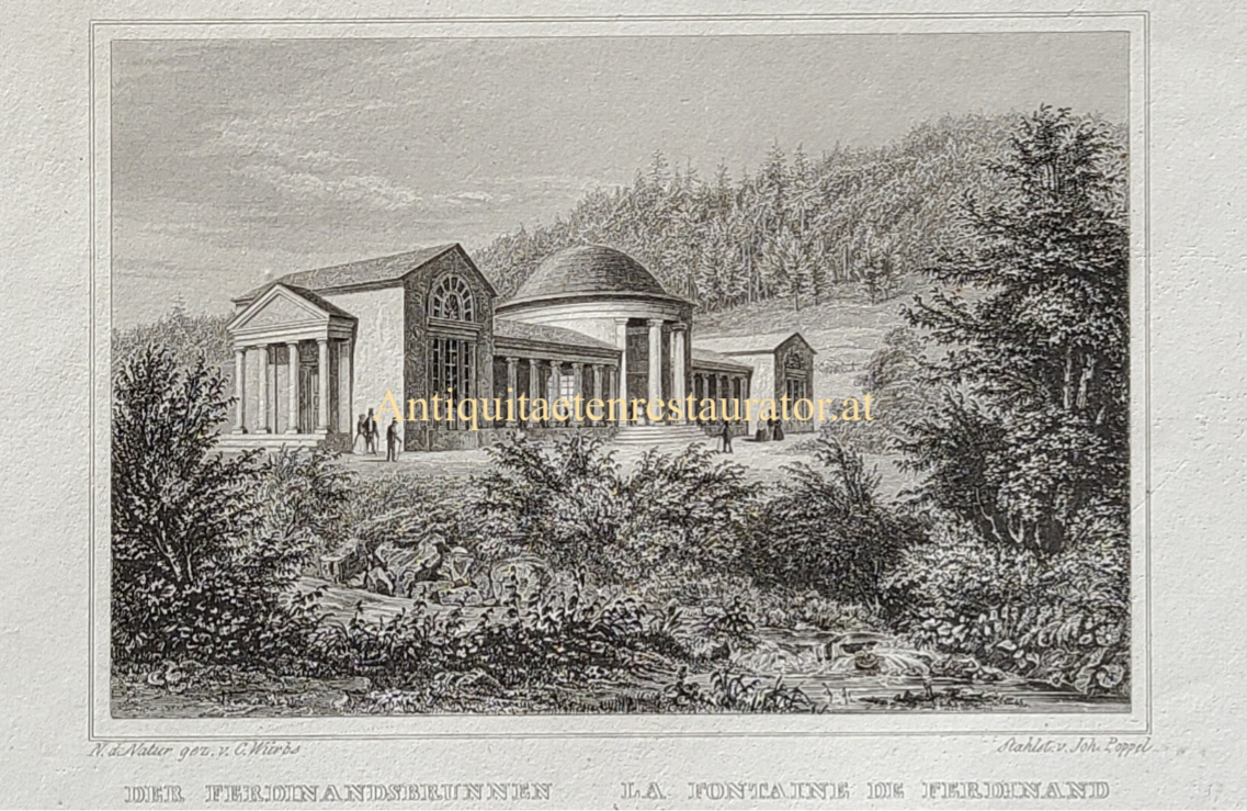 Tschechien, Marienbad, Der Ferdinandsbrunnen in Marienbad, Stahlstich von Poppel