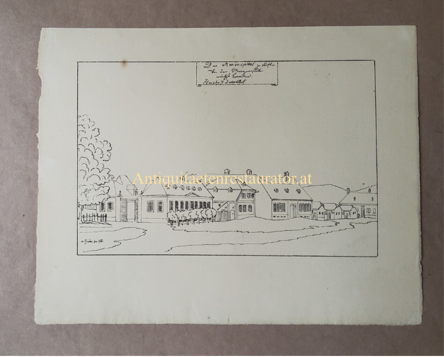 Baden, Das Marienspital im Dörfel, Federlithographie von Emil Hütter