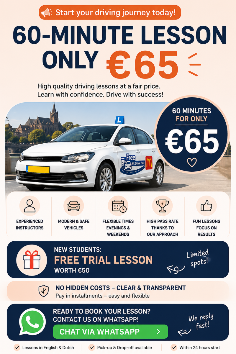 Affordable driving lessons in Maastricht – 60-minute driving lesson for €65, experienced instructors, high pass rate, free trial lesson, and easy booking via WhatsApp.