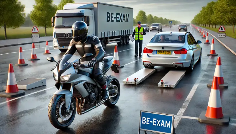 Een realistische illustratie van een rijexamen. Een motorrijder doet zijn AVD-examen onder toezicht van een examinator in een auto, terwijl een andere bestuurder een BE-examen aflegt met een auto en aanhanger