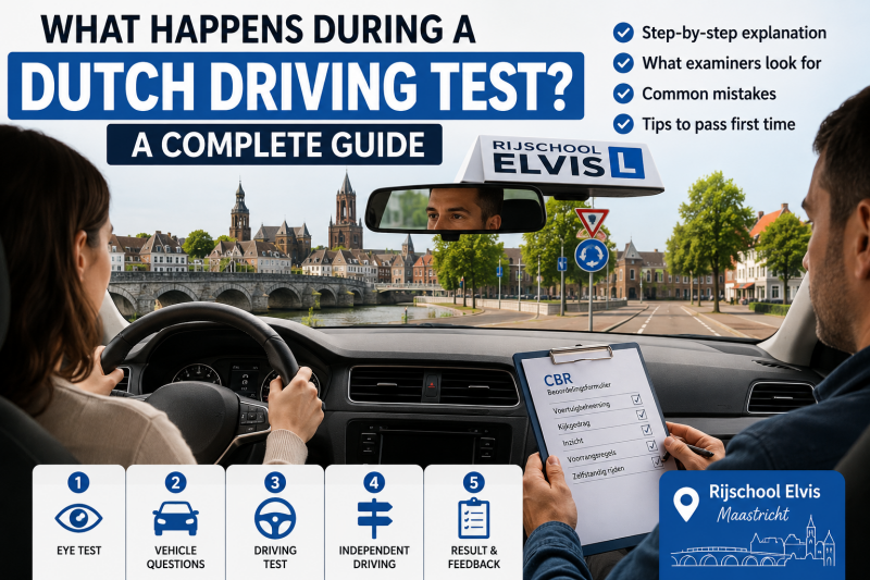 Student taking a Dutch driving test with a CBR examiner in Maastricht, Netherlands