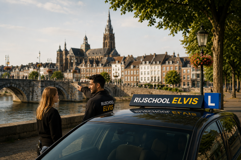Driving lesson in Maastricht with instructor and student beside a driving school car.