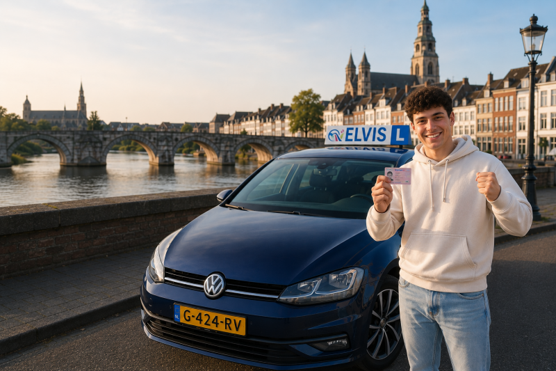 Student celebrating passing the driving exam in Maastricht while holding a driving licence next to a Volkswagen Golf driving school car.