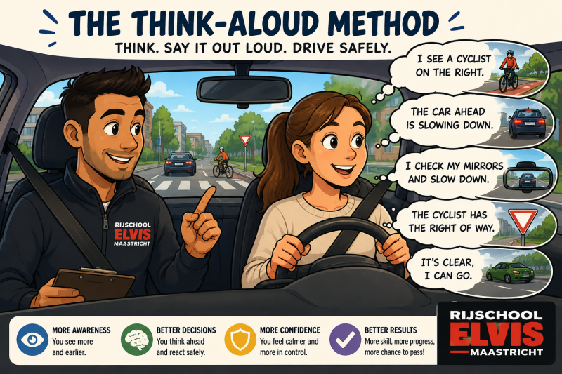 Cartoon illustration of a driving instructor and learner using the think-aloud method during a driving lesson to improve traffic awareness, anticipation, and safe driving skills.