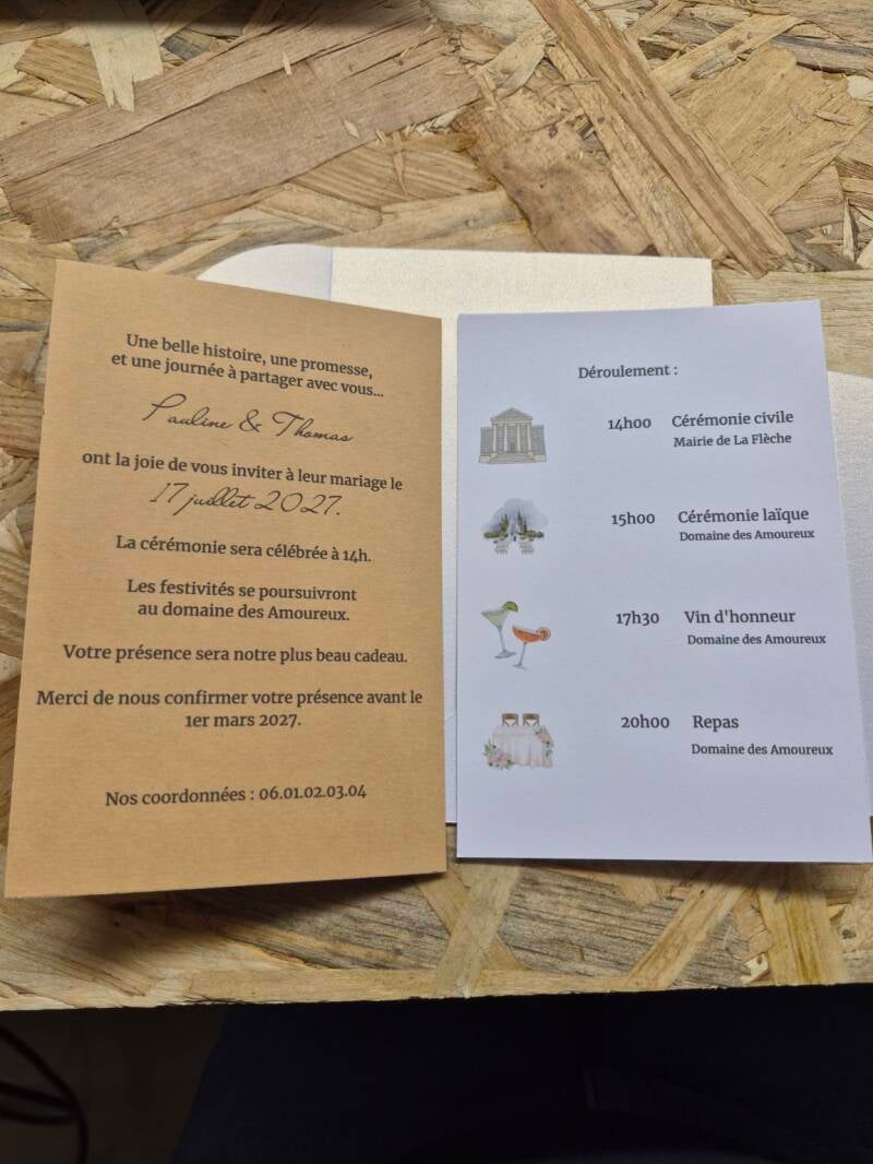 Faire-part de mariage : invitation kraft et programme assorti