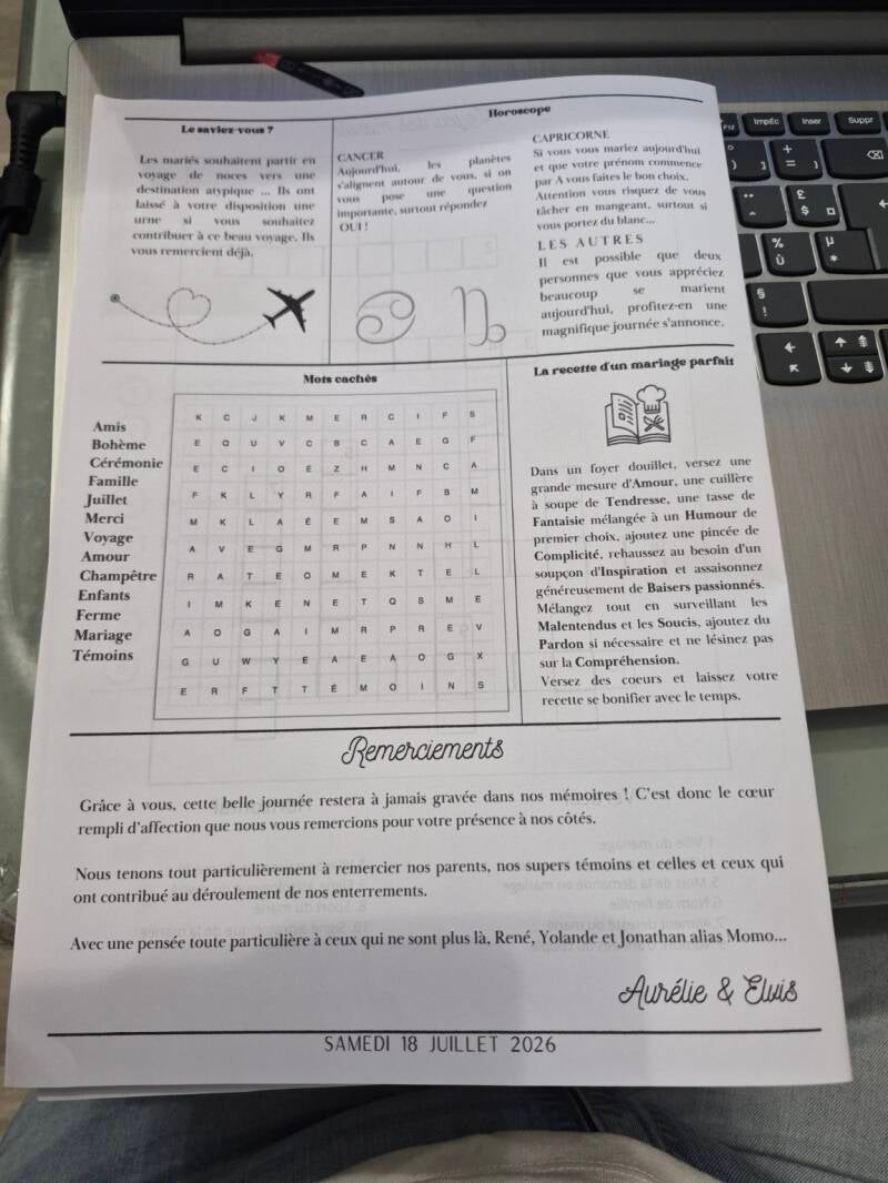 Gazette des mariés — jeux et remerciements