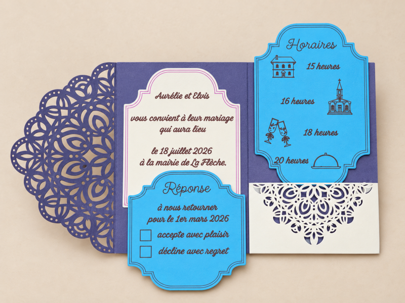 Faire-part ajouré violet et bleu avec cartons assortis