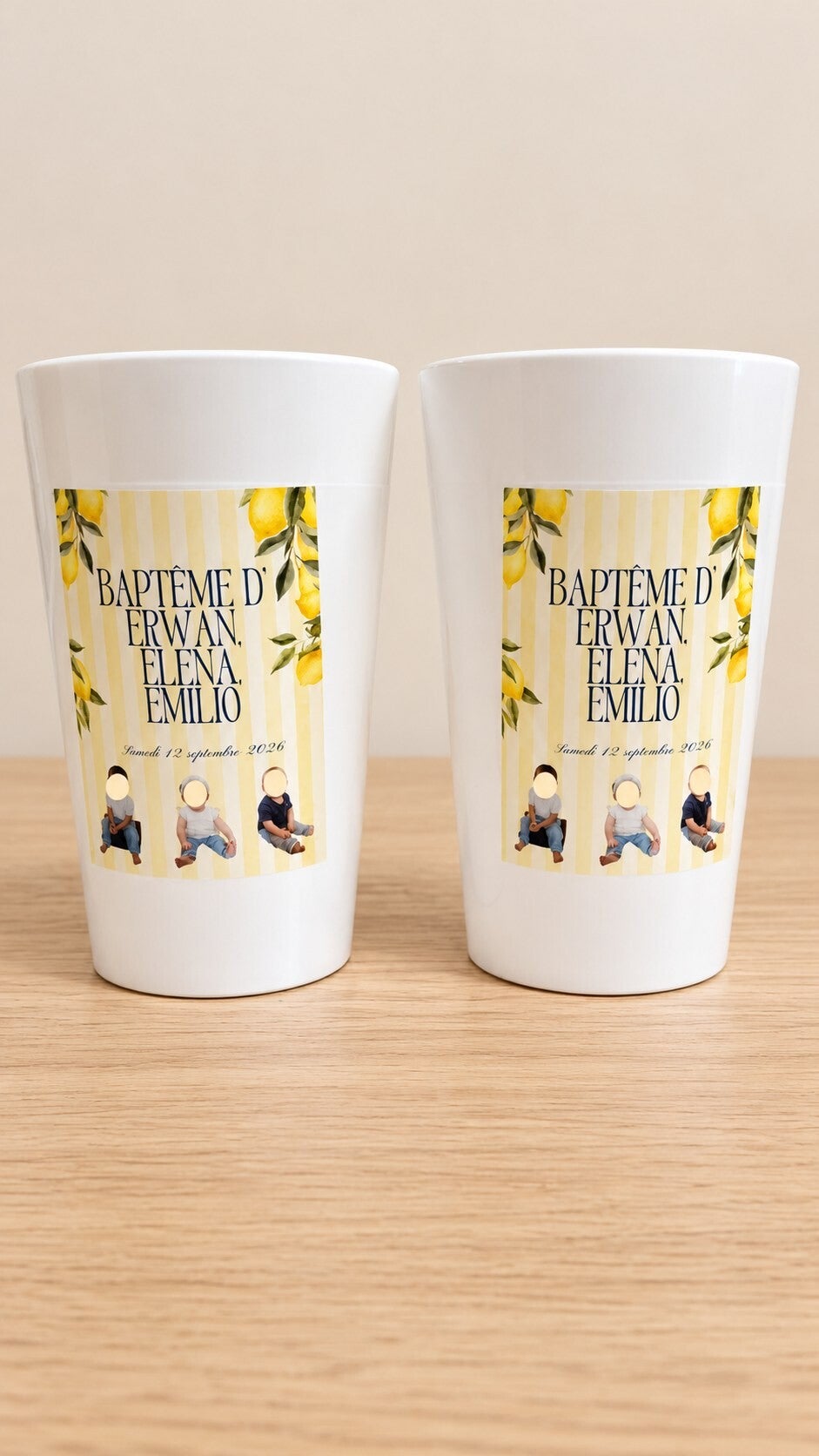 Gobelets personnalisés pour un baptême — thème citron