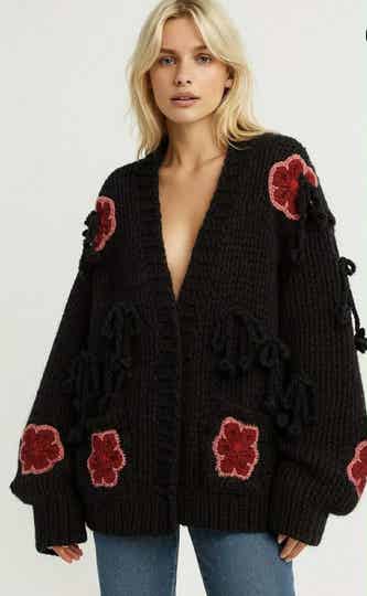 Knit cardigan flowers zwart