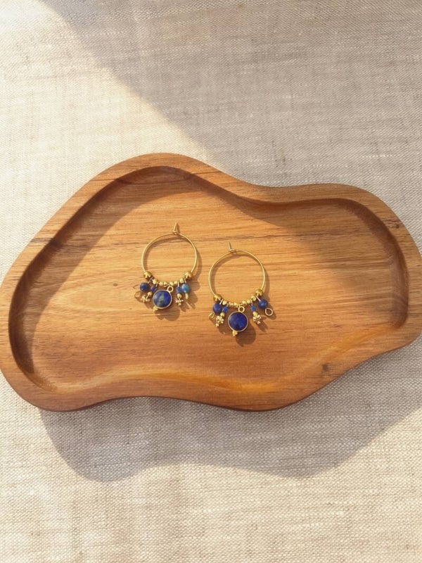 Créoles Yael Lapis Lazuli & Perles Miyuki - Acier Inox Doré 30mm