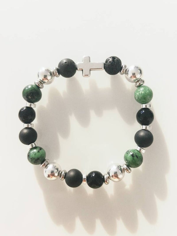 Bracelet Homme Cross Man Forest - Croix, Jade Vert et Onyx Noir