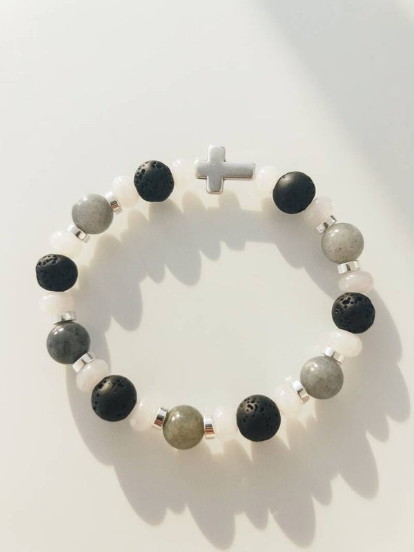 Bracelet Homme Cross Man - Croix, Labradorite et Pierre de Lave