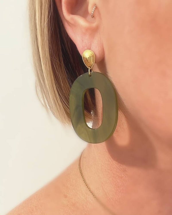 Boucles d'Oreilles Ovales Vert Olive Marbré - Acétate & Acier Inox Doré