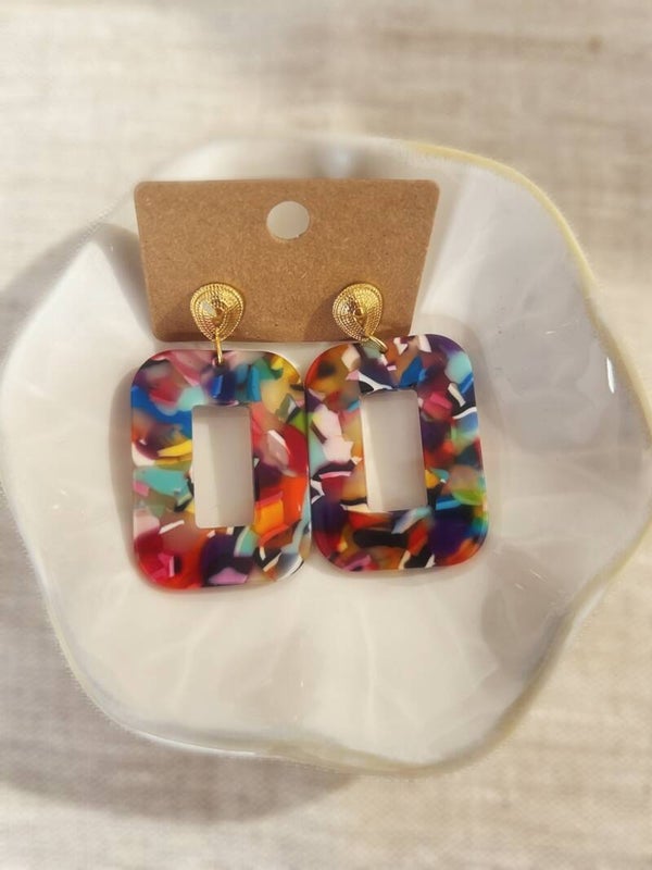 Boucles d'Oreilles Rectangles Multicolores - Acétate & Acier Inox Doré