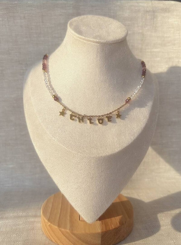 Collier Prénom Personnalisable – Perles facettées & Lettres dorées