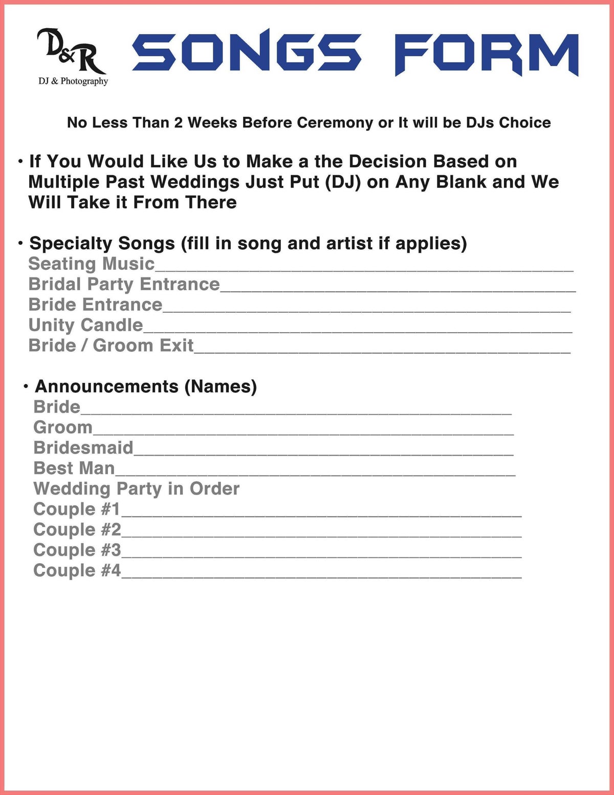 Songs Form | D&R DJ & Photography