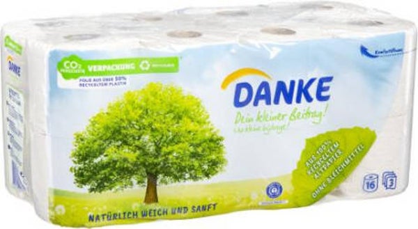 DANKE Toilettenpapier, 3-lagig, Recyclingpapier, 16 Rollen