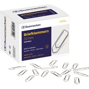 Soennecken Büroklammer spitze Form 32mm Metall, verzinkt silber 1.000 St./Pack.
