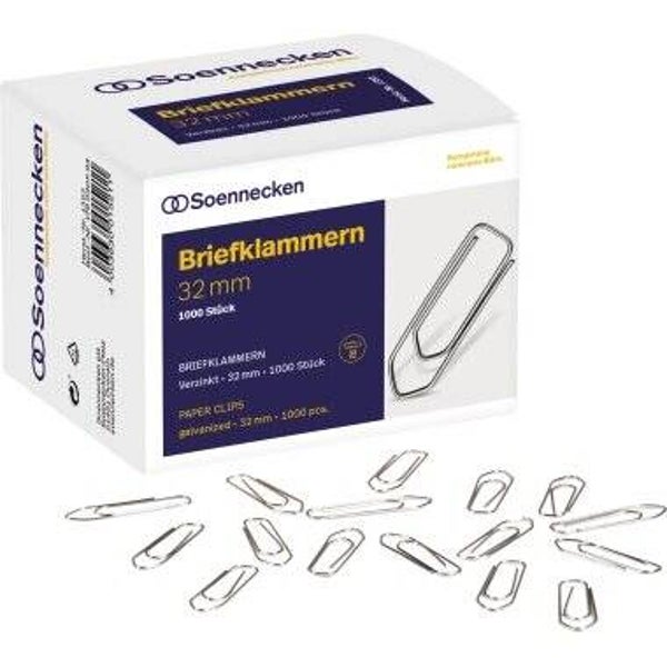 Soennecken Büroklammer spitze Form 32mm Metall, verzinkt silber 1.000 St./Pack.