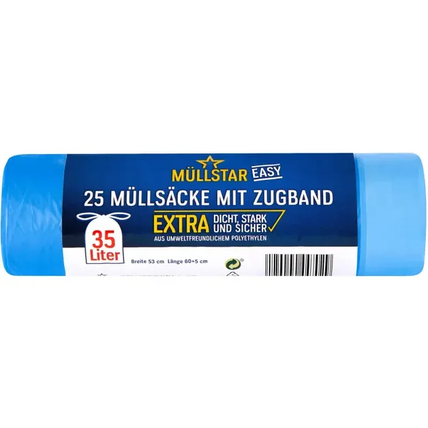 Müllstar Müllsäcke mit Zugband blau, 35 Liter 25 Stk.