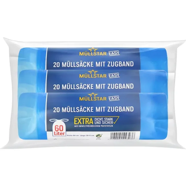 Müllstar Müllsäcke mit Zugband blau, 60 Liter 3 x 20 Stk.