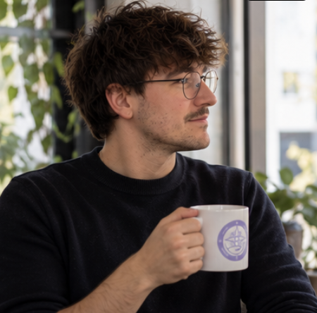 Jan Müller, Pflegeberater in Krefeld, mit einer Tasse mit dem Logo der Pflegeberatung Müller