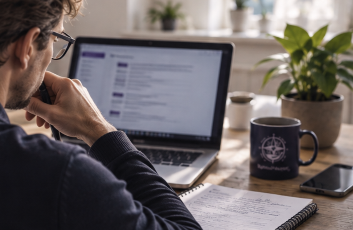 Vorbereitung auf den Begutachtungstermin mit Notizen und Laptop