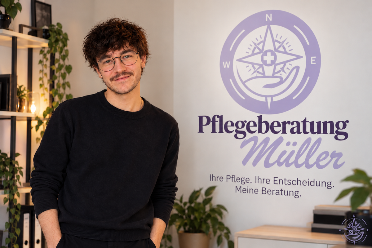 Jan Müller, Pflegeberater in Krefeld, vor dem Logo der Pflegeberatung Müller (KI-unterstützt erstellt)