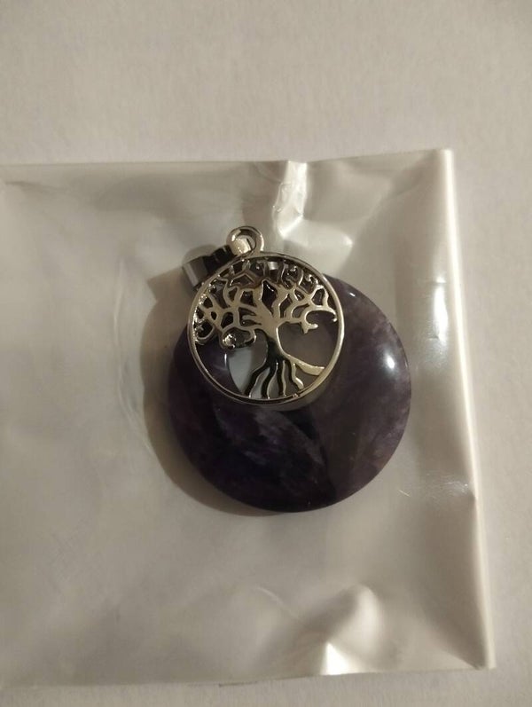 Colgante piedra Amatista con Árbol de la vida en acero