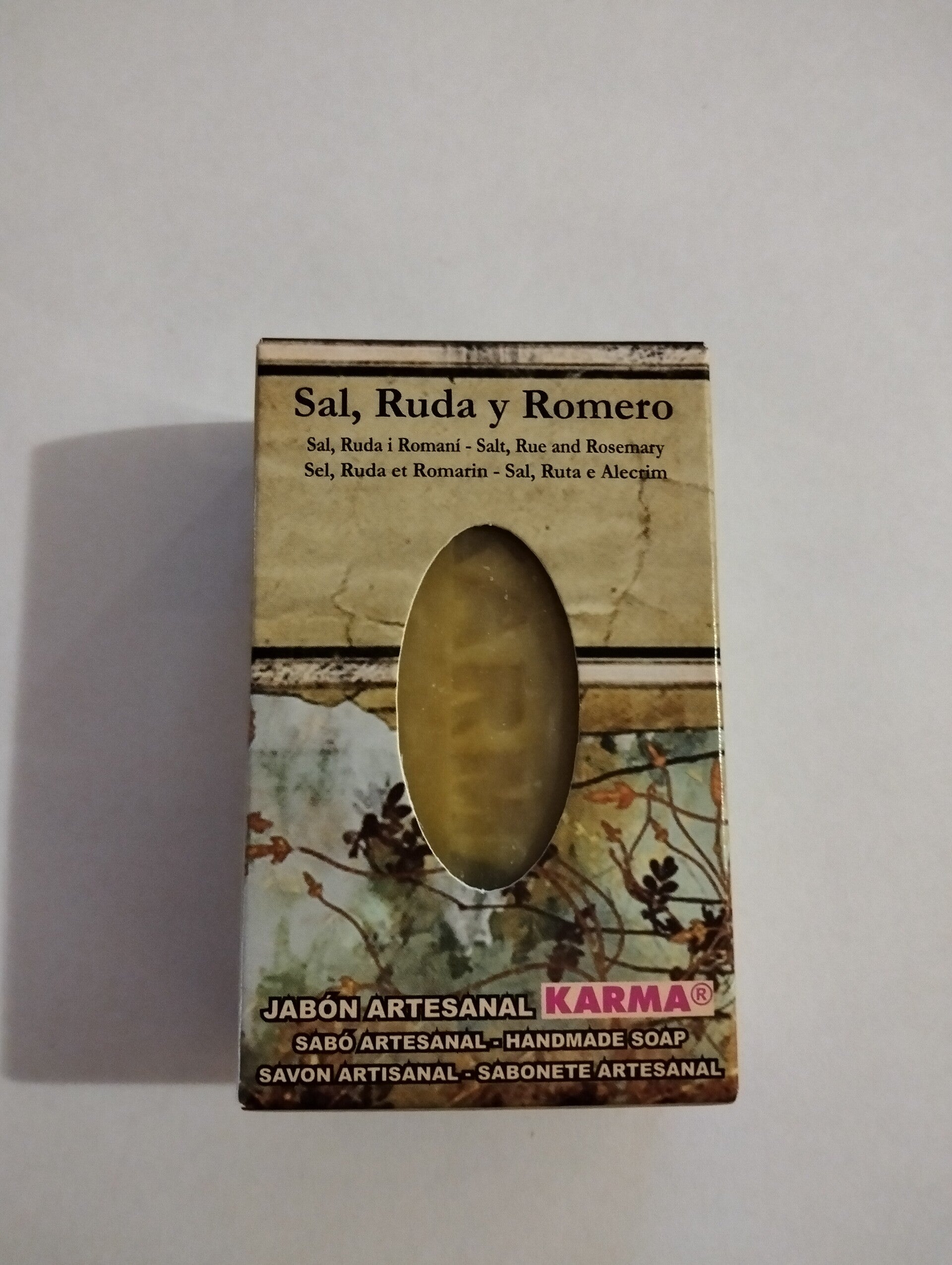 Pastilla de jabón artesanal Sal,Ruda y Romero