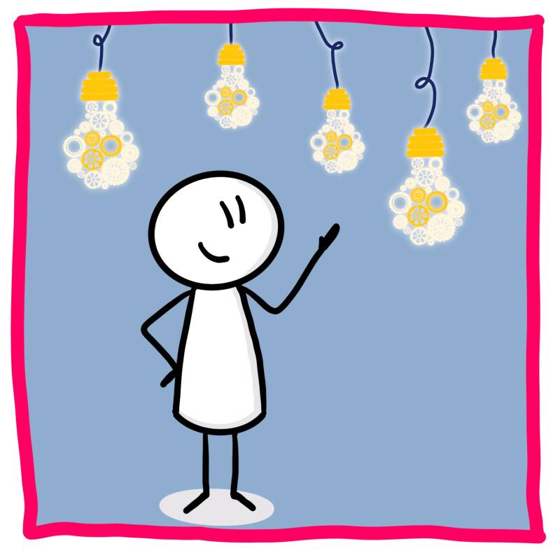 Tekening poppetje met om hem heen verschillende lampjes als metafoor voor ideeen