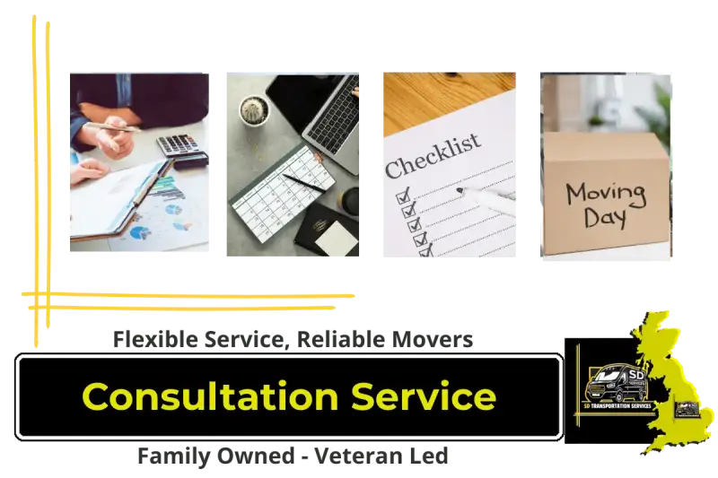 SD Transportation Services consultation service graphic featuring planning documents, laptop and calendar, checklist, and moving day box. Flexible service and reliable movers. Family owned and veteran led business offering expert advice for house moves.