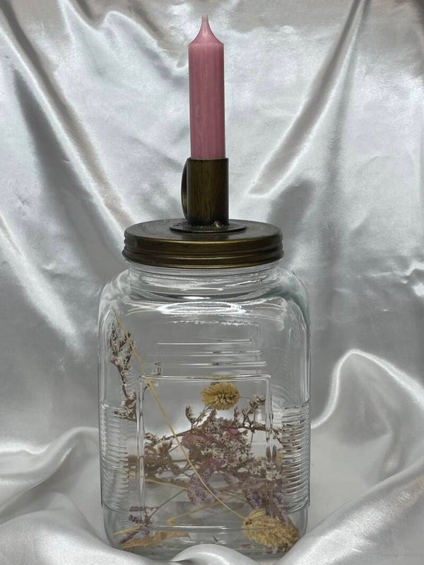 Glazen pot kandelaar met droogbloemen