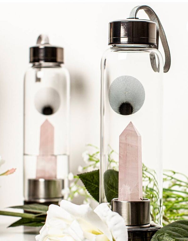 Zwarte RVS drinkfles met Rozekwarts Punt