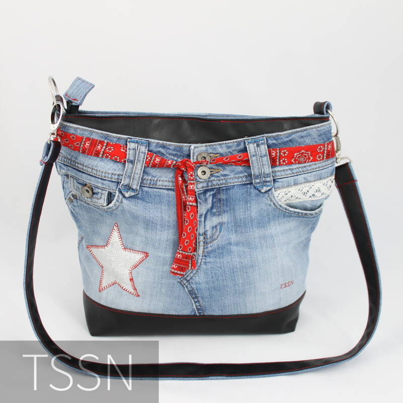 Voorkant  shopper Miranda gemaakt van een spijkerbroek.