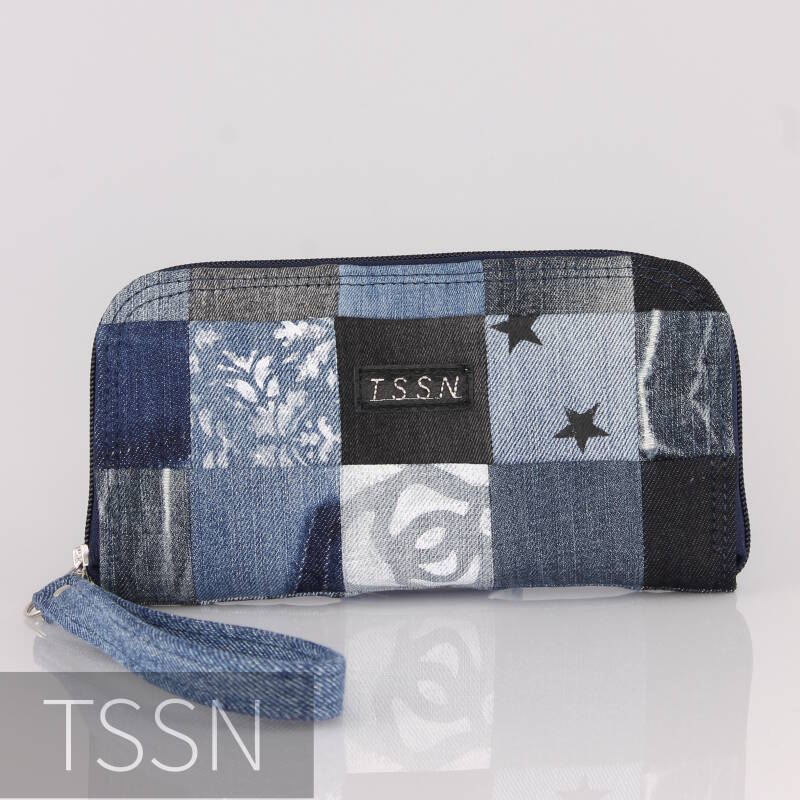 Voorkant portemonnee Maggy55 4, gemaakt van verschillende kleuren denim lapjes